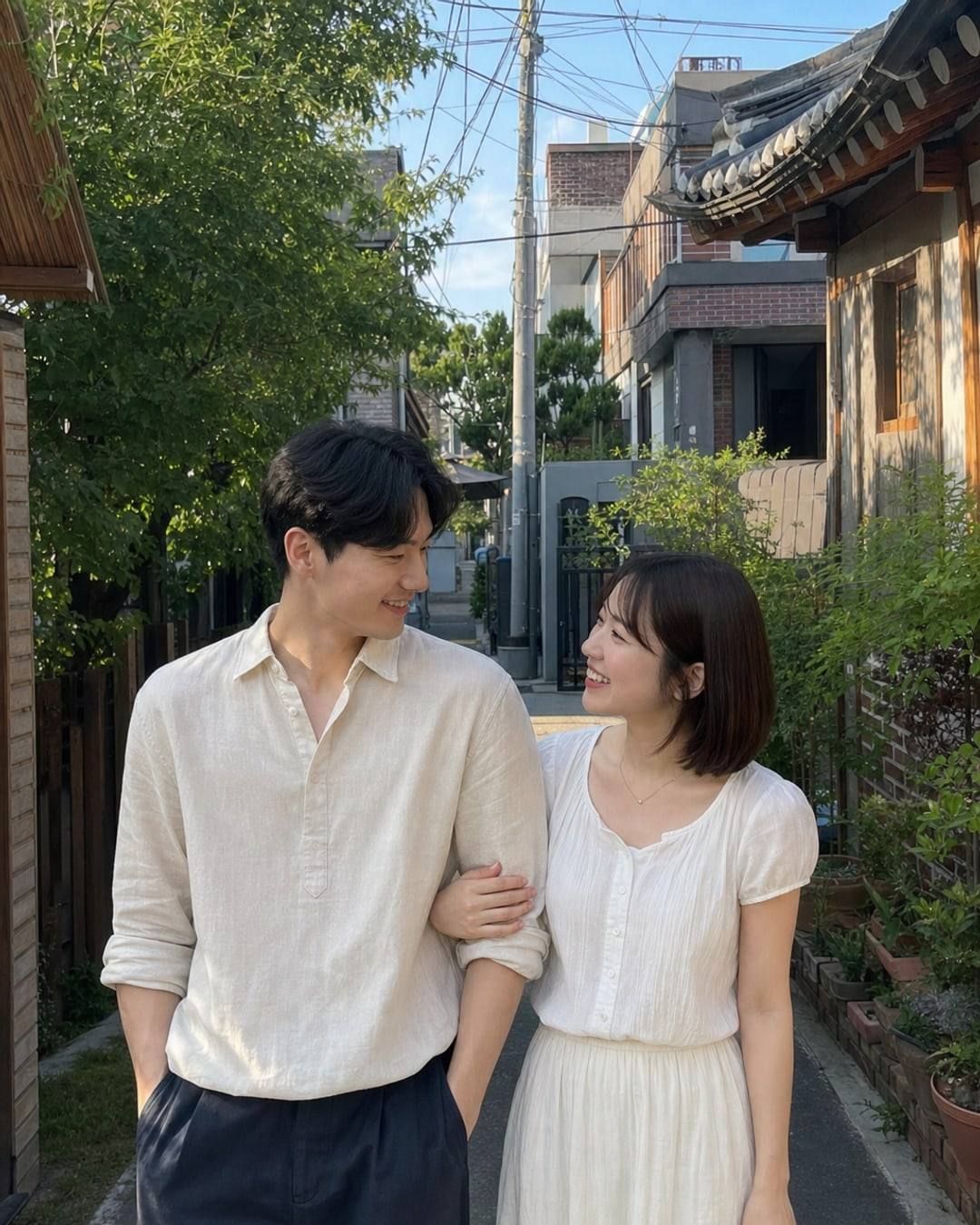 ソウルの街を並んで歩く韓国人男性と日本人女性のカップル